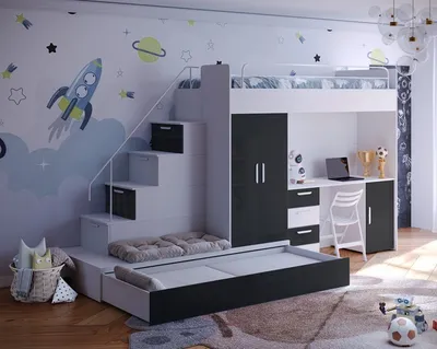 Produktbild von Etagenbett TOMI 5, Doppelstockbett Hochglanz Kinderbett Hochbett, MIT  Matratze und Lattenrost (Weiss + Schwarz, Glanz)