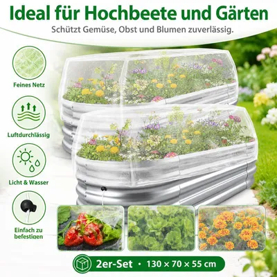 Produktbild von 2er-Set Pflanzenschutznetz für Hochbeete, 130x70x55cm, feinmaschig, mit Kordelzug & Clips – Insektenschutznetz & Vogelschutznetz für Gemüse & Obst