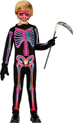Produktbild von Skelett Halloween Kostüm Kinder Fasching Neon Farben Party Outfit Cool Gruselig, Größe: 98/104 Farbe: Mehrfarbig