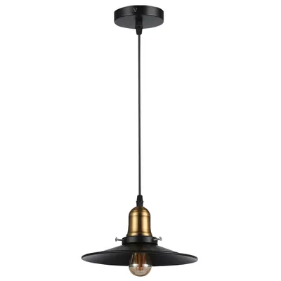 A black and gold vintage-style pendant light fixture with a single exposed bulb, suspended from a black cord against a white background.