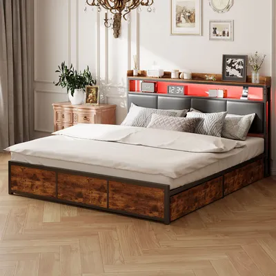 A bedroom scene featuring a bed with a headboard and storage drawers.