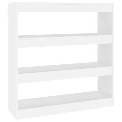 A white, four-shelf bookcase or room divider is shown against a white background.