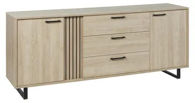 Image de Buffet LOFT 220 cm 2 portes 3 tiroirs chêne clair avec structure en métal