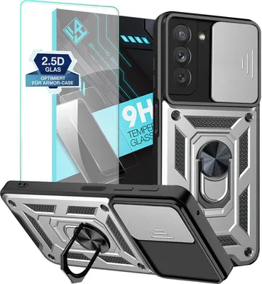 Produktbild von Armor Handyhülle für Samsung Galaxy S21 FE mit 9H Displayglas Displayschutz Kameraschutz Handy Panzer Case Cover Schutzhülle Outdoor Farbe: Silber
