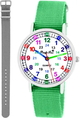 Produktbild von Kinder Armbanduhr Mädchen Jungen Lernuhr Kinderuhr uni 2 Armband grün + grau