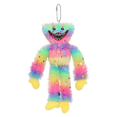 A plush toy hanging from a chain against a white background.