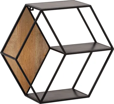 Produktbild von Wandregal 60x52x20 cm Mango Massivholz / Metall Hängeregal Industrial, Design Schweberegal Sechseckig, Dekoregal Hängend Wabenform, Regal Wand mit 3 Ablagen