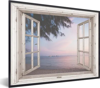 Produktbild von MuchoWow® Gerahmtes Poster Aussicht - Strand - Palme 80x60 cm - Poster mit Schwarzem Bilderrahmen Wandposter Rahmen Foto Bilder - Schwarzem - Mit Gestell