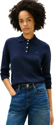 Productafbeelding van Tommy Hilfiger dames polo met kabelstructuur, model Fine Gg Rlxd, artikelnummer WW0WW48475, kleur blauw, maat L