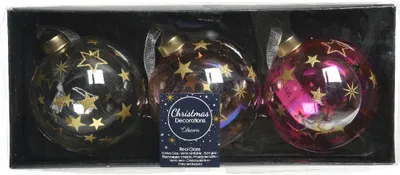 Produktbild von Weihnachtskugeln Glas 8cm mit Sternen Muster 3er Set rosa transparent