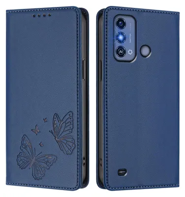 Produktbild von Lederhülle für ZTE Blade A53 Pro, Schmetterling Prägung Leder Brieftasche Schutzhülle mit Ständer Dunkelblau