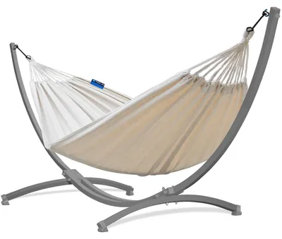 Produktbild von Potenza Outdoor Hängematte mit Gestell für 2 Personen I Baumwolle Doppelhängematte XXL 220x160, 200kg I Grau Hängemattengestell 220kg, wetterfest