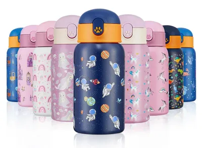 Immagine prodotto di Omgoods - Bottiglia d'acqua per bambini, 400 ml, con cannuccia - Acciaio inossidabile