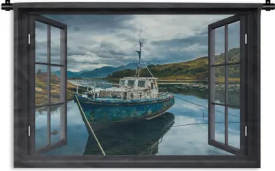 Produktbild von MuchoWow® Wandteppich Wandbehang Durchblick - Boot - Berg 90x60 cm Tapisserie Dekoration Wandtuch - Wandskulpturen - Bildteppich
