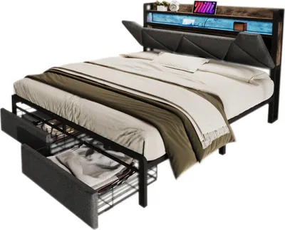 Produktbild von Polsterbett mit USB Typ C Ladefunktion Stauraum-Kopfteil und LED-Beleuchtung und Schubladen, Doppelbett 140x 200 Stauraumbetten Bettgestell