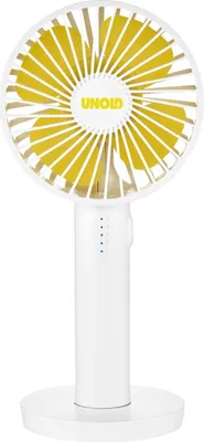 A white handheld fan with a yellow fan blade.