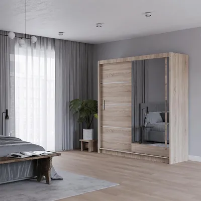 Produktbild von Krudox PRVTA Schwebetürenschrank Sonoma mit Spiegel 200 cm Kleiderschrank mit 2 Kleiderstangen