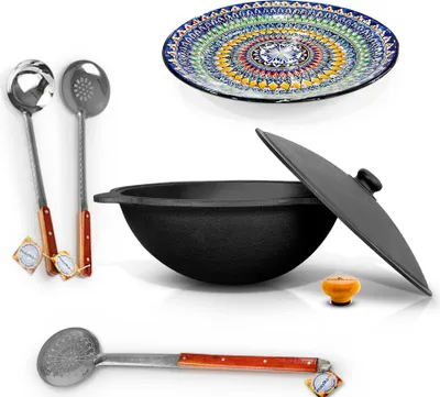 Produktbild von Kazan 16 L Uzbekisch Gusseisen Holzgriff Schaumlöffel Plov WOK Kasan Lagan Ляган