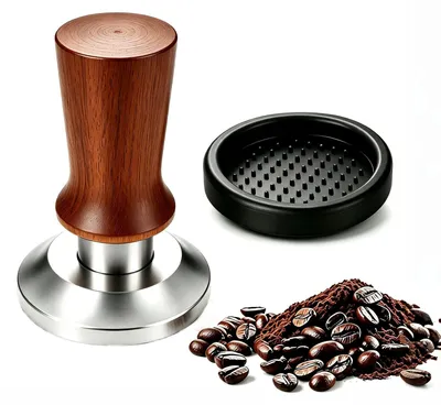 Produktbild von Kaffee Tamper - Edelstahl mit Holzgriff und Silikonmatte - für Siebträger - 51 mm