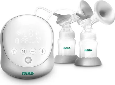 A white electric breast pump with two attached bottles and funnels, set against a white background.