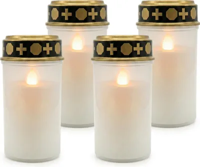 Zdjęcie produktu dla Relaxdays Światło nagrobne LED, zestaw 4 sztuk, migoczący płomień, zasilane bateryjnie, odporne na warunki atmosferyczne, tworzywo sztuczne, świeca nagrobna na cmentarz, białe