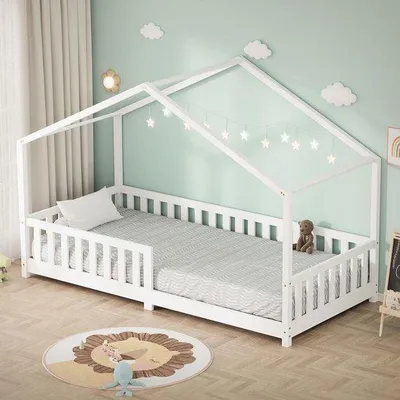 Productafbeelding van Kinderbed huisbed 90x200 cm - Wit massief grenenhout - Met dak en valbeveiliging - Veilig speelbed voor kinderen