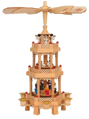 Productafbeelding van Houten kerstpiramide met 3 etages, geschikt voor 6 kaarsen - Kerstdecoratie, houten piramide, echt hout, engeltjes, Erzgebirge