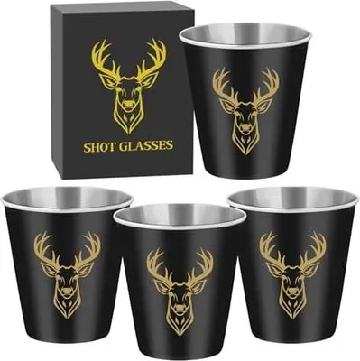 Produktbild von Edelstahl Schnapsgläser mit Golden Hirschkopf, 4 Stück, 70ml, mit Geschenkbox, Stapelbar Trinkbecher, Partybecher, Vatertagsgeschenk, Geschenke für Jäger, Hochzeit, Geburtstage, Picknick, Camping