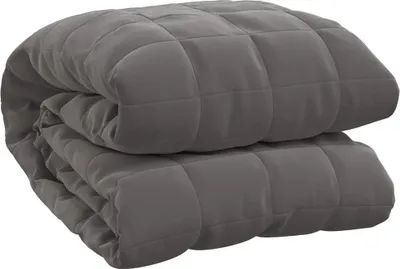 A folded gray weighted blanket.
