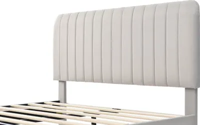 Zdjęcie produktu dla Łóżko tapicerowane Sweiko podwójne łóżko z regulowanym zagłówkiem i stelażem listwowym, pościel, 140 x 200 cm, beżowe (bez materaca)