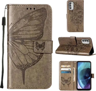 Produktbild von Moto G51 5G Hülle, Schmetterling Prägung Flip Leder Kartenfächer Schutzhülle Ledertasche mit Ständer für Motorola Moto G51 5G Grau