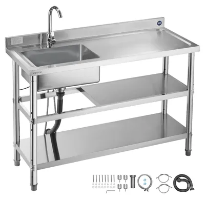 Obrázek produktu pro Kuchyňský dřez VEVOR z nerezové oceli (120 x 50 x 94 cm), s jednou mísou, baterií a 2 přihrádkami, kuchyňský dřez pro garážové restaurace, venkovní dřez s pracovní deskou (vpravo)
