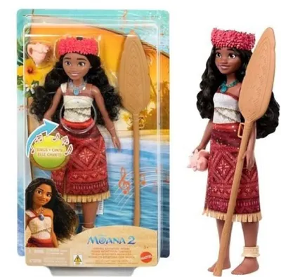 A Moana 2 doll in its packaging, with a separate doll shown outside the packaging.