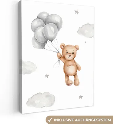 Produktbild von MuchoWow® - Leinwandbilder - Bär - Luftballon - Sterne - Kinder, Wandbild, Wanddeko Bilder Wohnzimmer, 90x120 cm
