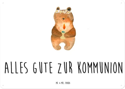 Produktbild von Mr. & Mrs. Panda Schild Bär Kommunion DIN A4 - Weiß - Geschenk, Türschild, Gottes Segen, Katholisch, Magnetschild, Teddy, Metallbild, Taufkerze, Wandbild, tafel