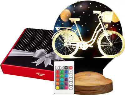 A gift box and a bicycle-shaped LED lamp with a remote control.