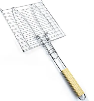 Produktbild von Fischbräter für 2 Fische | 23,5 x 23,5 cm Fischgriller für Grill mit Holzgriff | Fischkorb | Fischhalter mit Klammer | Fisch-Grillzange für Gemüse, Garnelen | faltbare Fischzange | Grillzubehör