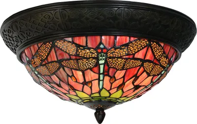 Productafbeelding van Clayre & Eef Dekkenlamp Tiffany, diameter 38 cm, hoogte 19 cm, rood, groen glas, libelle-motief
