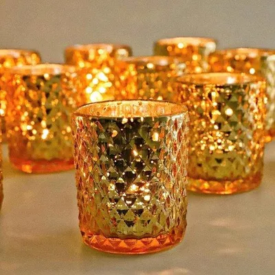 Image de Supports-bougies dorés en verre mercuriel, lot de 12 – Supports pour bougies chauffe-plat, idéaux pour les mariages et la décoration de table, diamètre 5,5 cm x hauteur 6,5 cm