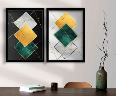 Image de Wallity, 2P3853NISCT-010, tableau décoratif en MDF avec cadre (lot de 2), 100 % MDF, doré, 38 x 53 cm