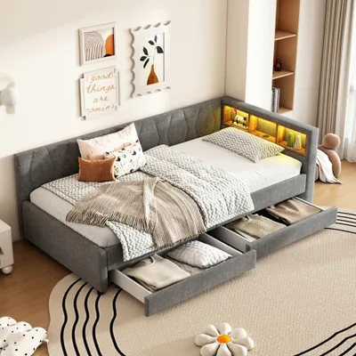 Produktbild von Daybett, Tagesbett, Schlafsofa mit USB & Type-C, LED-Lichtleiste, 2 Schubladen & Ablagefächern, Bett mit Lattenrost, ohne Matratze, Leinen in Grau, 90x200cm