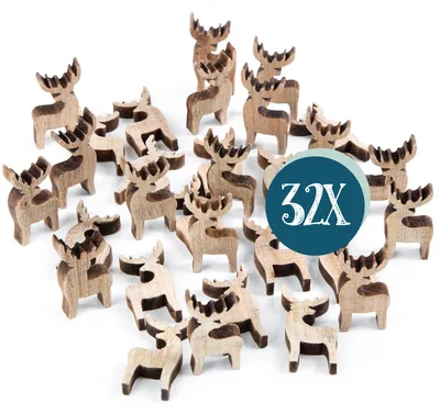 Produktbild von 32 Mini Rentiere aus Holz natur braun 4 cm - Vintage Streudeko Weihnachtsstreuteile Weihnachten Deko