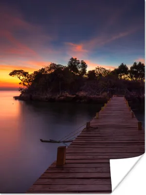 Produktbild von MuchoWow® Poster Sonnenuntergang - Brücke - Bäume - Wasser - Insel 60x80 cm - Schlafzimmer Dekoration