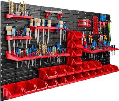 Obrázek produktu pro Skladovací systém Dílenské regály | 156 x 78 cm | 24 ks. Box | Nástěnný regál s držáky na nářadí a stohovatelnými boxy - Nástěnné desky Extra silné regály s přihrádkami Nástěnná deska s otvory pro nářadí Skladovací regál Garážový regál