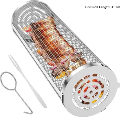 Produktbild von Edelstahl Grillrolle Rund, Tragbares Grillnetz mit Gabel Rolling Rack,  Zylindrische Grillkorb, Rolling Grilling Basket, Grillkochzubehör, 31 cm