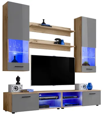 Obrázok produktu pre Extreme Furniture Vida Sada nábytku | Nábytok Do Obývačky S 2 Vitrínami, 2 Tv Skrinkami A 2 Nástennými Policami | Korpus Wotan & Šedé Predné Časti