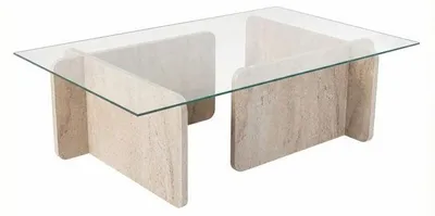 Obrázok produktu pre Nízky konferenčný stolík - FLAVIO - Travertín - Obdĺžnikový - Sklo tvrdené a drevovláknité dosky - Elegantný štýl - 105x65x30 cm