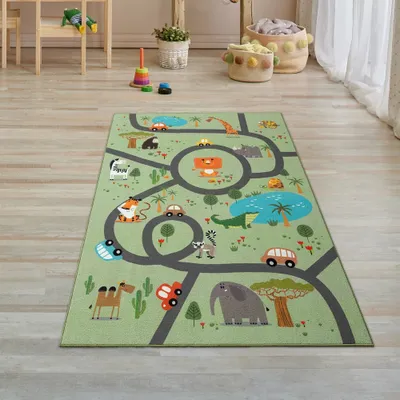 Produktbild von Kinderteppich rutschfest Safari mit Tieren Straßenteppich grün Größe - 80 x 150 cm