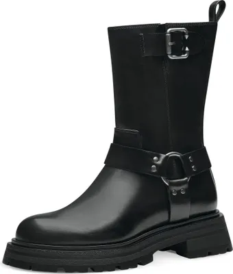 A black leather boot with a thick sole and buckle detail, presented on a white background.