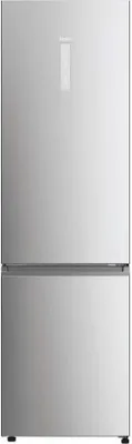 A front view of a silver refrigerator.